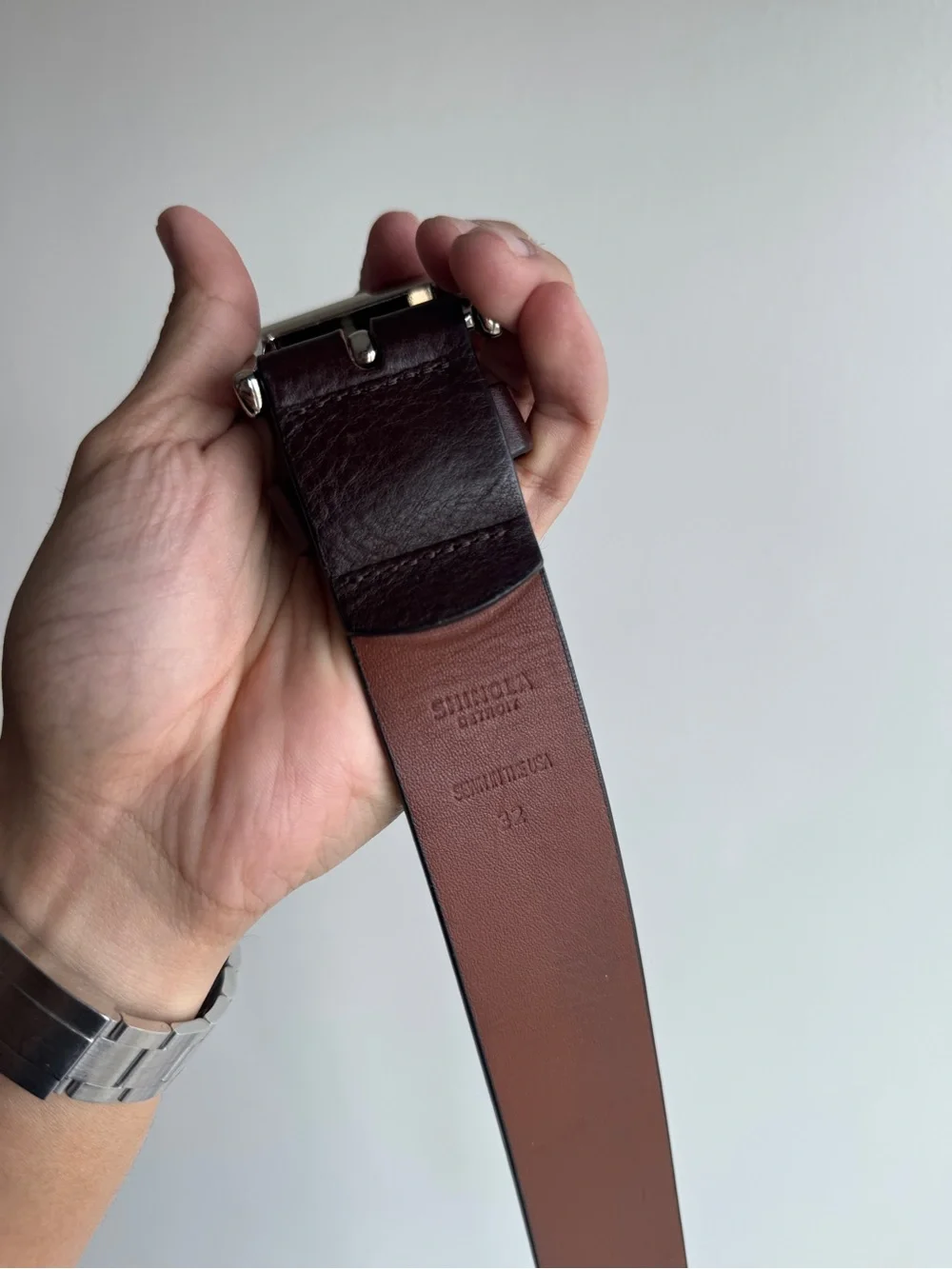 Shinola Dark Brown Leather Belt with Silver Buckle